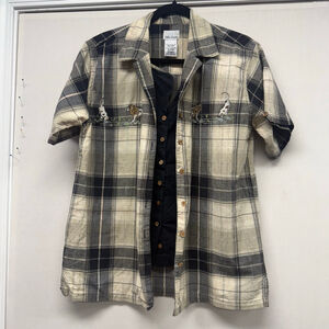 Women's Bobbie Brooks Plaid Button Down Shirt L Beige Black